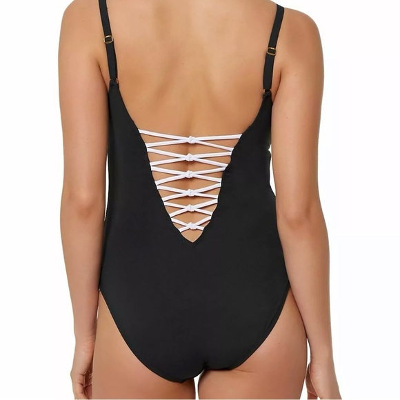 Bleu Rod Beattie Let’s Get KnottyLace-Front One-Piece Black And White Swimsuit - Picture 2 of 9